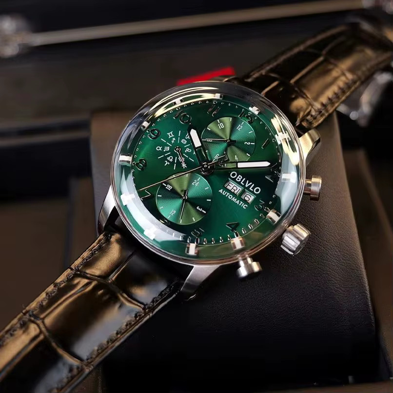 OBLVLO Armbanduhr Automatik, Edelstahl, Leder, 42 mm, Herren - Bild 2
