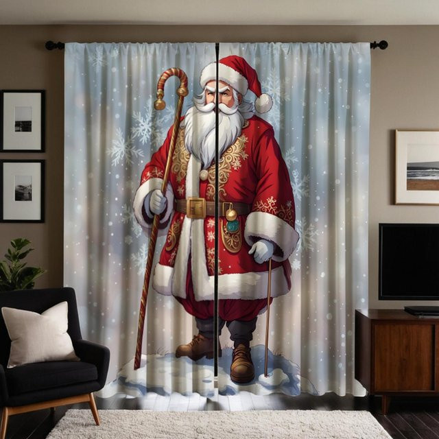2er-Set Weihnachts Vorhänge mit Schneeberg und Weihnachtsmann Motiv, Grau und Weiß, B: 132 cm, H: 160 cm - Bild 1
