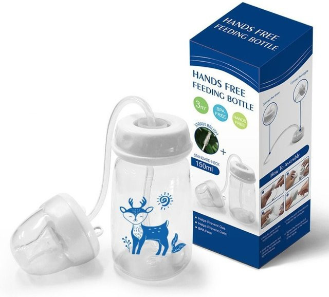 Babyflaschen-Set mit Selbstfütterungsfunktion und Strohhalm, Blau, 150 ml - Bild 1