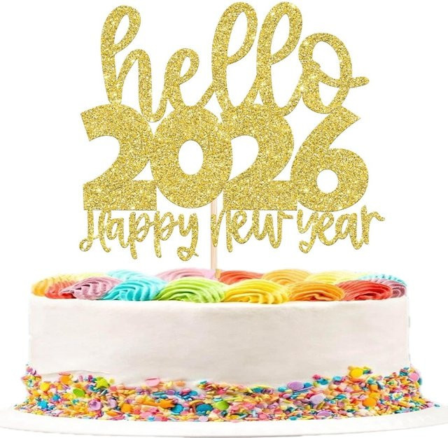 Hello 2026 Cake Topper Glitter Gold Silvester Dekoration für deine Feier - Bild 1