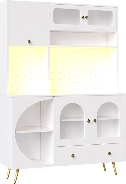 Merax Hochschrank Weiß mit LED-Beleuchtung, Glasböden und Steckdosen, H x B x T: 176 x 120 x 40 cm - Bild 1