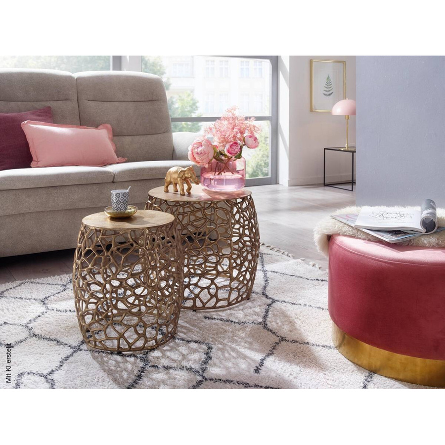 Wohnling Beistelltisch 2er-Set modern in Gold mit runden Metallplatten, B/H/T: 46 x 42 x 45 cm - Bild 3