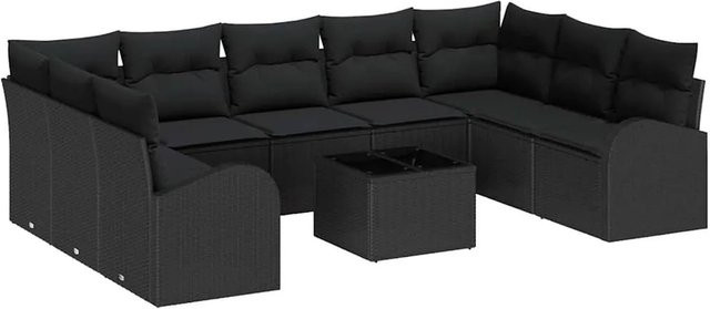 vidaXL Garten-Sofa-Set aus Poly-Rattan in Schwarz mit Kissen und Tisch, 10-teiliges Lounge-Set mit modernem Design und wetterfestem Stahlrahmen - Bild 1