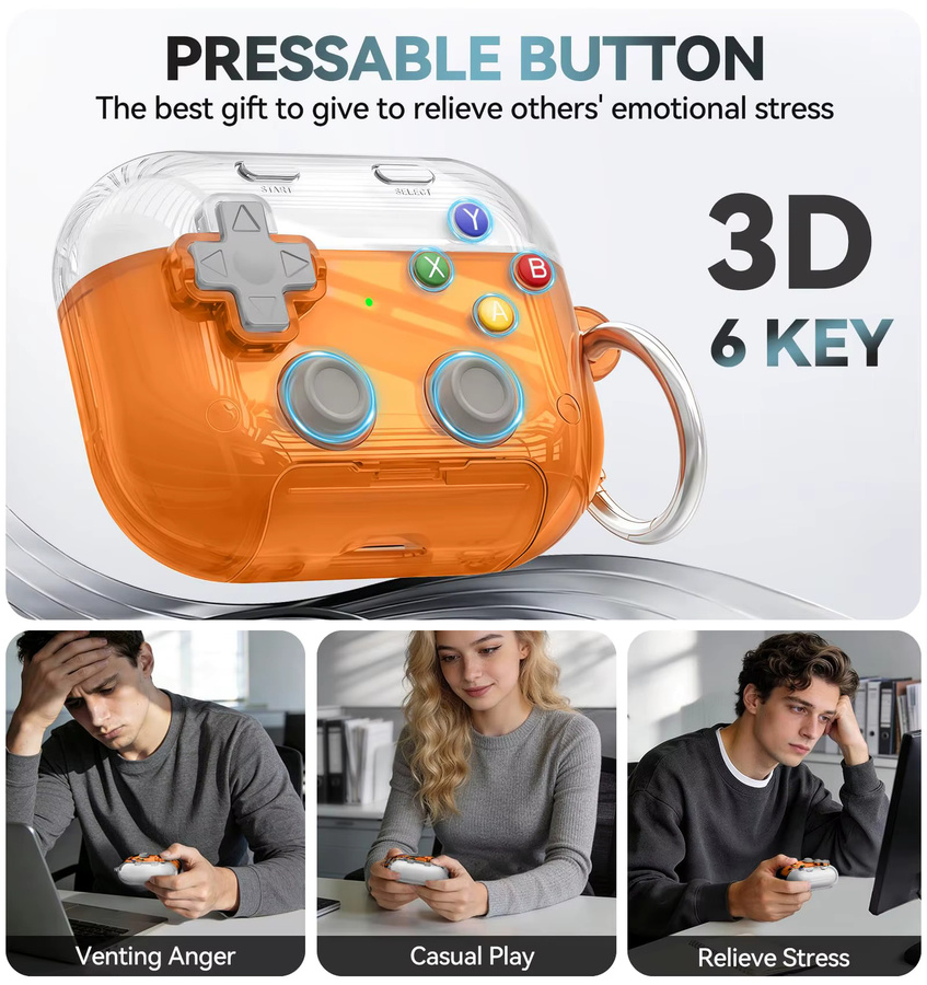 Apple AirPods Pro 4 und Pro 3 Schutzhülle im 3D-Gamer-Design mit Telefonständer-Funktion und sicherem Verschluss, transparent/orange - Bild 2