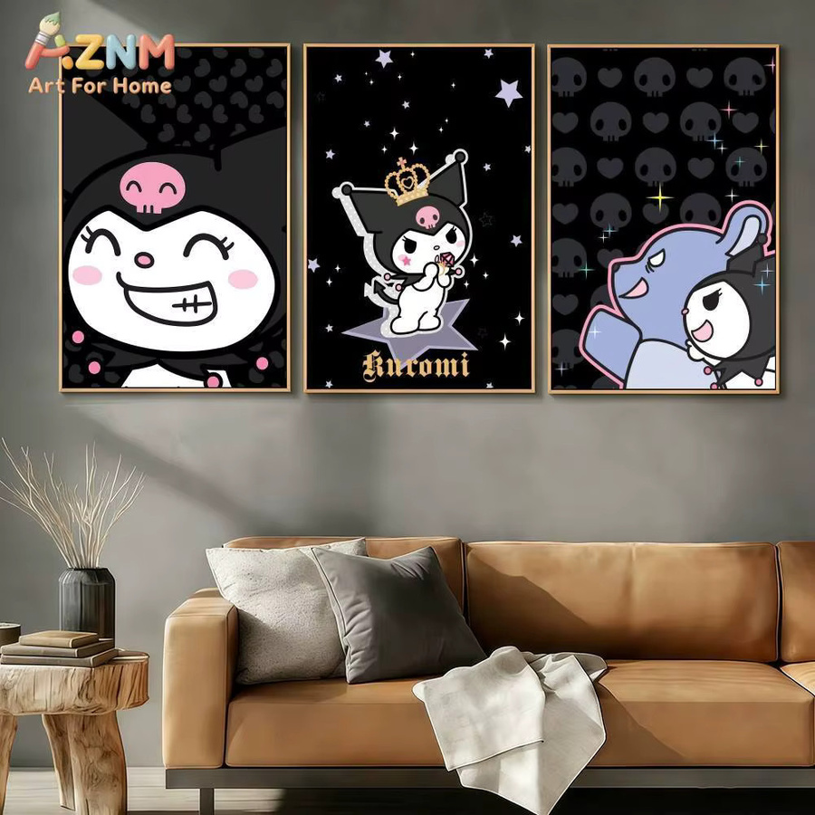 AZNM Kuromi Sanrio Leinwand-Wandkunst, Kawaii Cartoon-Charakter mit schwarzem Herz-Schädel-Motiv, ungerahmtes Leinwandgemälde in Schwarz und Multicolour - Bild 2