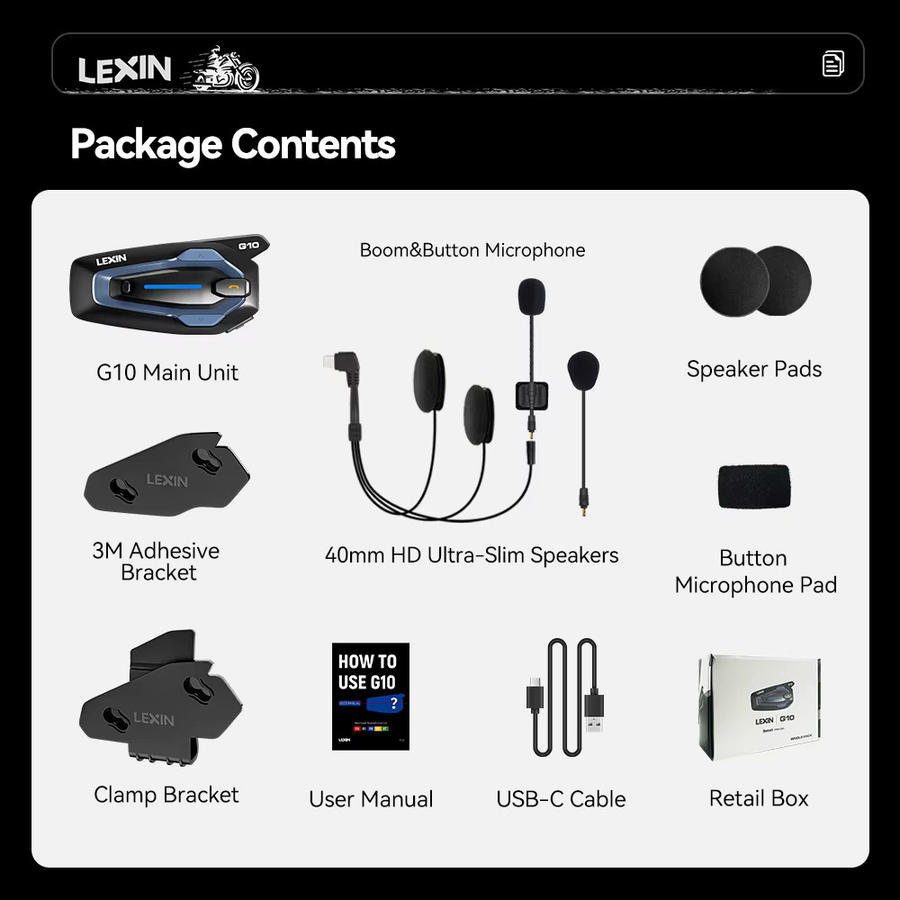 LEXIN NEW-LEXIN G10 Motorradhelm-Intercom mit Dual-Qualcomm Bluetooth 5.1 für 8 Fahrer, inklusive parallelem Audio-Intercom und Musik-Streaming, Schwarz - Bild 7