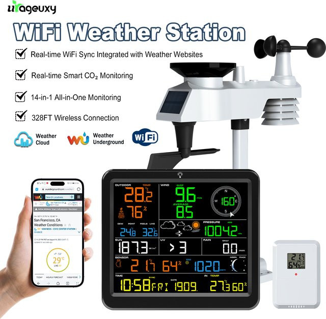 Solarbetriebene WiFi-Wetterstation von Urageuxy als 14-in-1 Wireless-Wettermonitor mit Echtzeit-CO2-Erkennung für Heim und Bauernhof - Bild 1