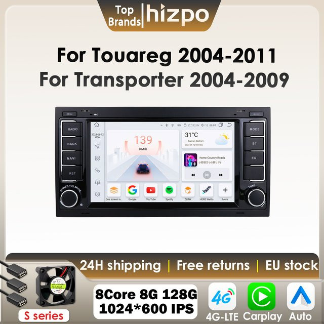 Hizpo Multimedia Player mit CarPlay und Android Auto für Volkswagen Touareg 2004-2011, Multivan und Transporter T5, inklusive GPS und 4G, Schwarz - Bild 1
