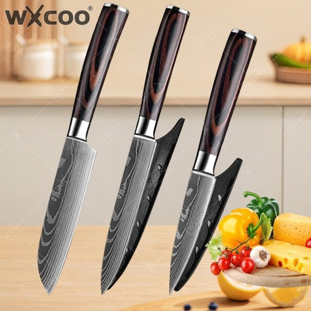 WXCOO Santoku Damast Küchenmesser mit Holzgriff als Allzweck-Kochmesser - Bild 1