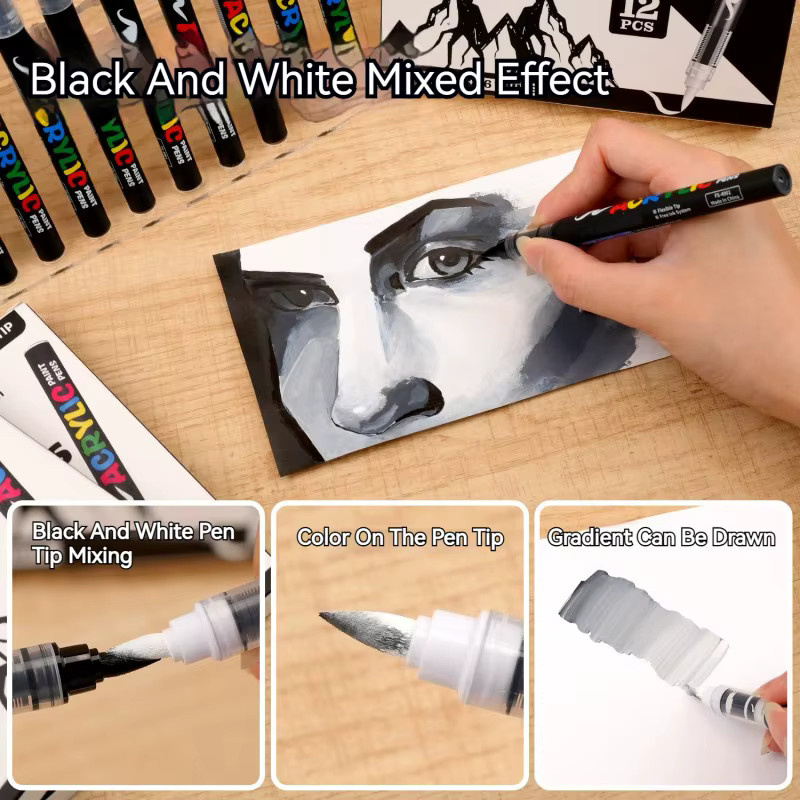 BUNKI Acrylmarker-Set mit 8 Brush-Pens in Schwarz und Weiß für Illustrationen und Bastelarbeiten auf Glas, Holz und Textil - Bild 4
