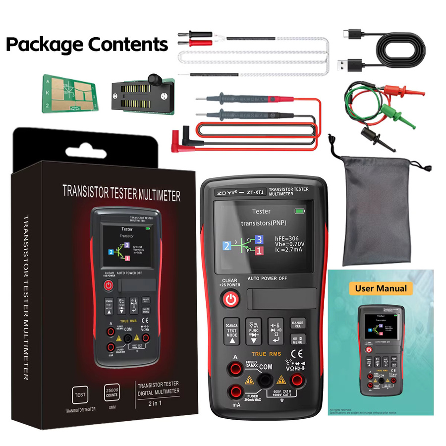 ZOYI ZT-XT1 2-in-1 Hochpräzisions-True-RMS-Multimeter und Transistortester in Schwarz zur Prüfung von Spannung, Widerstand, Diode, Kapazität und Durchgang - Bild 3