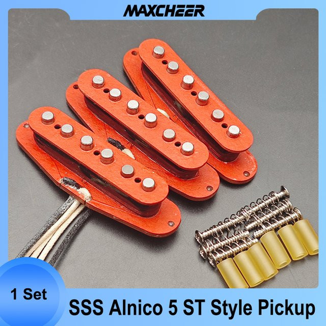 MAXCHEER SSS Alnico 5 Pickup Set für E-Gitarre im ST-Stil mit roter Faserspule, 7,5 kOhm, Rot/Orange - Bild 1