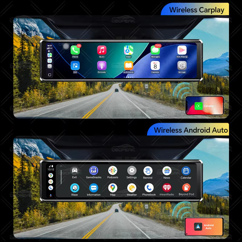 OBDPEAK D90 Smart Rückspiegel Dashcam mit 11,26 Zoll KI-Bildschirm, Android 14, 4G+64G, GPS-Navigation, Carplay und Android Auto, Dual-Linsen Videorekorder in Schwarz - Bild 4