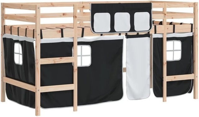vidaXL Kinderhochbett aus massivem Kiefernholz mit Vorhängen, Weiß und Schwarz, B/T/H: 80 x 200 x 192,8 cm - Bild 1