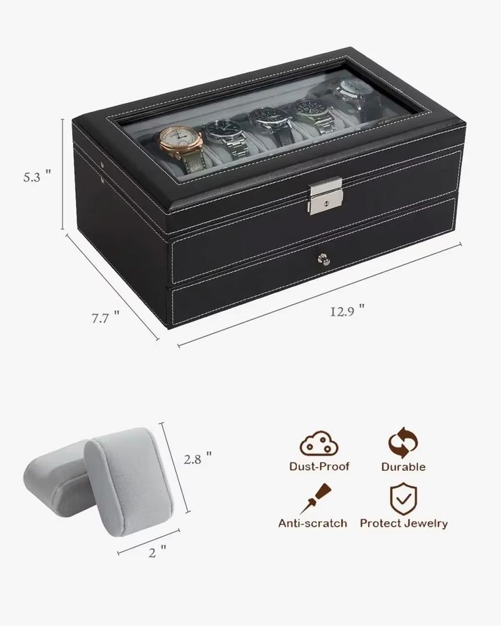 OAKCHARM Uhren-Aufbewahrungsbox aus Leder mit 12 Fächern und 2 Ebenen, abschließbares Schmuck-Display-Etui für Herren und Damen in Schwarz Beige - Bild 5