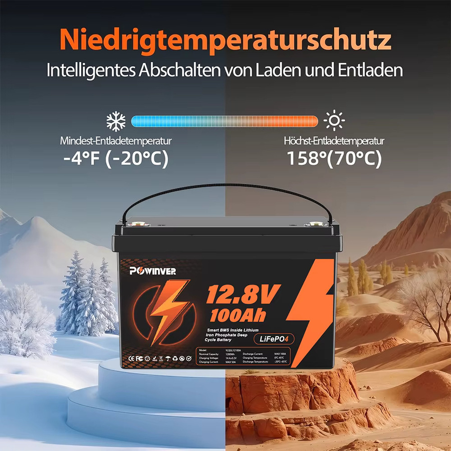 POWINVER 12,8V 100Ah LiFePO4 Lithium-Batterie mit Smart-BMS in Schwarz für Solar, Wohnmobil und Boot - Bild 2