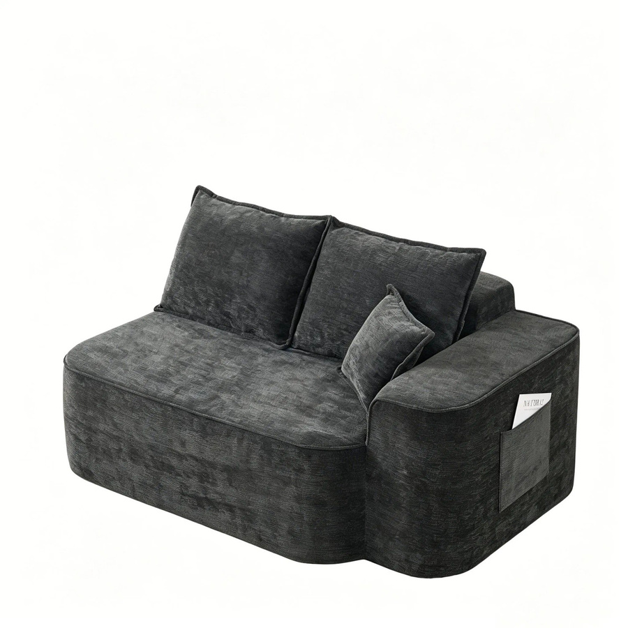 PXloue Stoffsofa Chaiselongue 2 Sitzer aus Chenille mit Kissen und Seitentaschen in Schwarz, L-Form, B/T/H: 144 x 112 x 65 cm - Bild 2