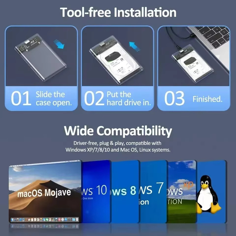 Congdi Externes 2,5 Zoll SATA Festplattengehäuse mit USB 3.0 und USB-C, UASP Unterstützung, Transparent, werkzeuglose Montage - Bild 4