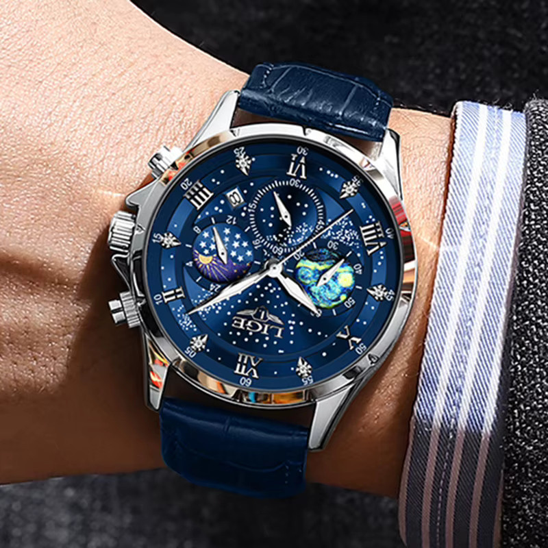 Lige Armbanduhr Quarz, Leder, Edelstahl, Blau, Herren - Bild 3