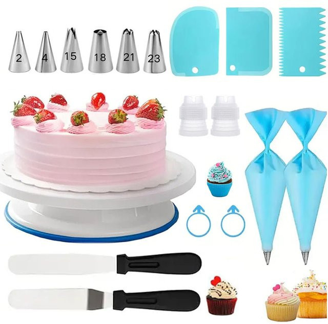 XMSJ 18-teiliges Kuchendekorations-Set mit rutschfestem Drehteller und Spritzbeutel in Rosa und Blau - Bild 1