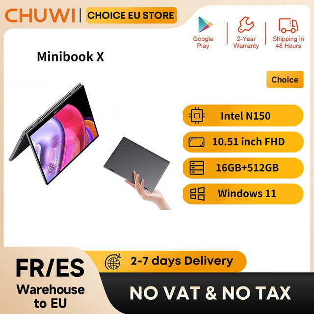 CHUWI MiniBook X N150 2-in-1 Convertible Notebook mit 10,51 Zoll Display, Intel Prozessor, 16 GB RAM, 512 GB SSD, Windows 11, Grau - Bild 1