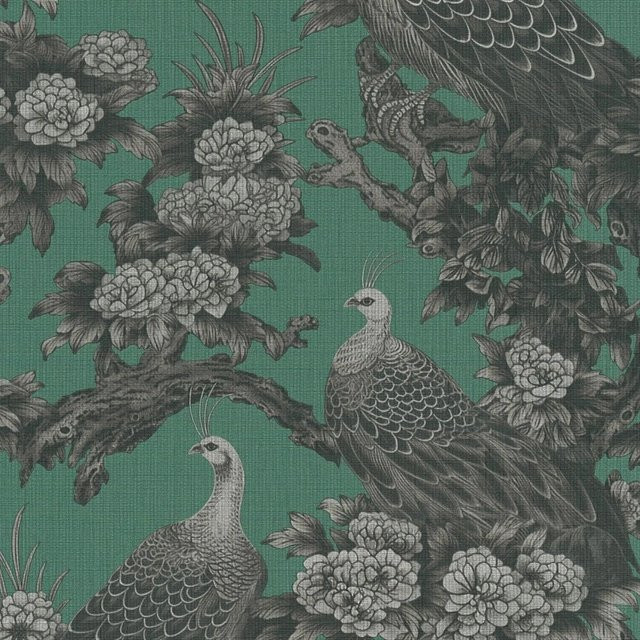 PROFHOME Tapete mit Vogel- und Blumenmotiv in Grün, Grau und Schwarz, Art Nouveau Design, Vlies, Breite: 0,53 m, Länge: 10,05 m - Bild 1