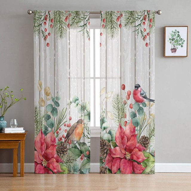Dekorativer Weihnachtsvorhang mit Tannenbaum, Eukalyptus und Beeren von Your Warm Home, halbtransparentes Voile-Design in Mehrfarbig, Breite: 135 cm, Höhe: 114 cm - Bild 1
