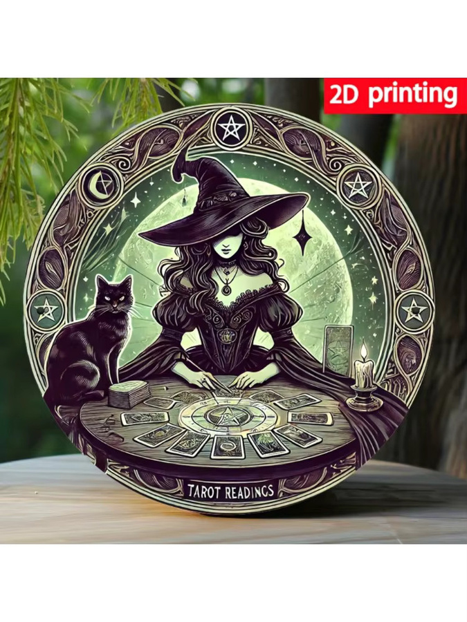 HELLOYOUNG Vintage Wanddeko aus Metall mit Tarot-Motiv, Hexen und Katzen, Rund, Durchmesser: 20 cm, Mehrfarbig - Bild 4