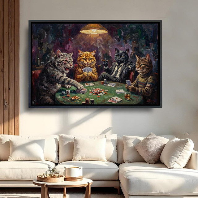 SHENCHEN Wandkunst als Leinwand mit Katzen-Spielkarten Motiv in Multicolor für dein Wohnzimmer - Bild 1