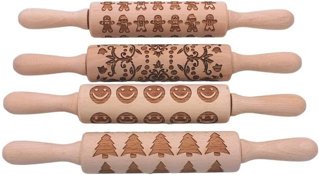 4er Set Holz Teigroller Dekohelden24 mit Gravur für Spekulatius und Plätzchen, Farbe: Braun, L/B/H: 33 x 5 x 5 cm - Bild 1