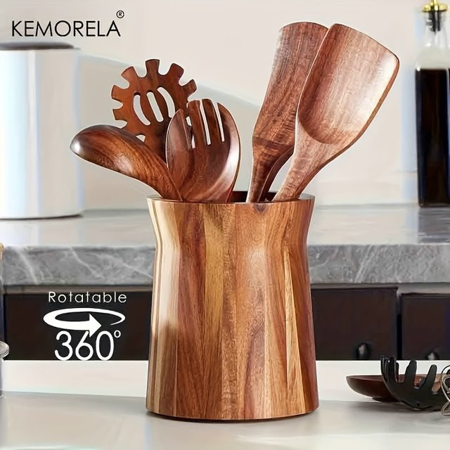 KEMORELA 360-Grad drehbarer Utensilienhalter aus Holz in Braun – Platzsparender Arbeitsplatten-Organizer für Löffel, Spatel und Schöpfkellen - Bild 1