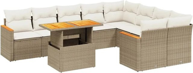 vidaXL 10-tlg Garten-Sofagarnitur L-Shape aus Poly Rattan und Akazienholz in Beige mit UV-beständigen Kissen - Bild 1