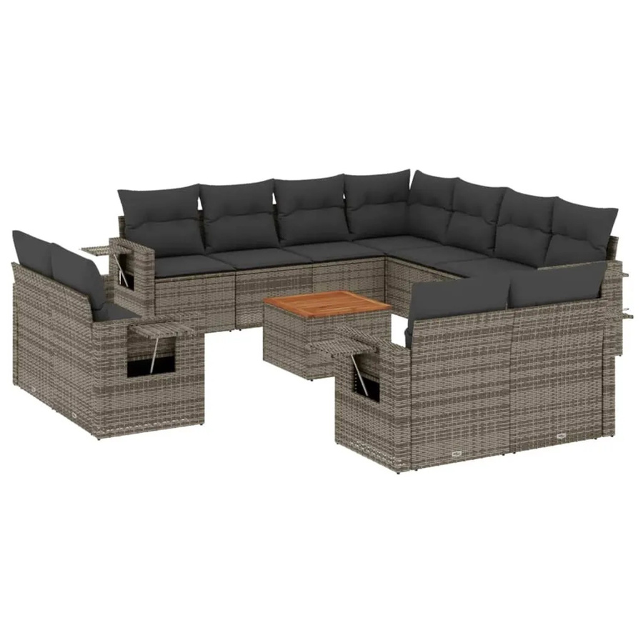 vidaXL 12-teilige Garten-Sofagarnitur aus Poly-Rattan und Akazienholz in Grau mit Kissen - Bild 2