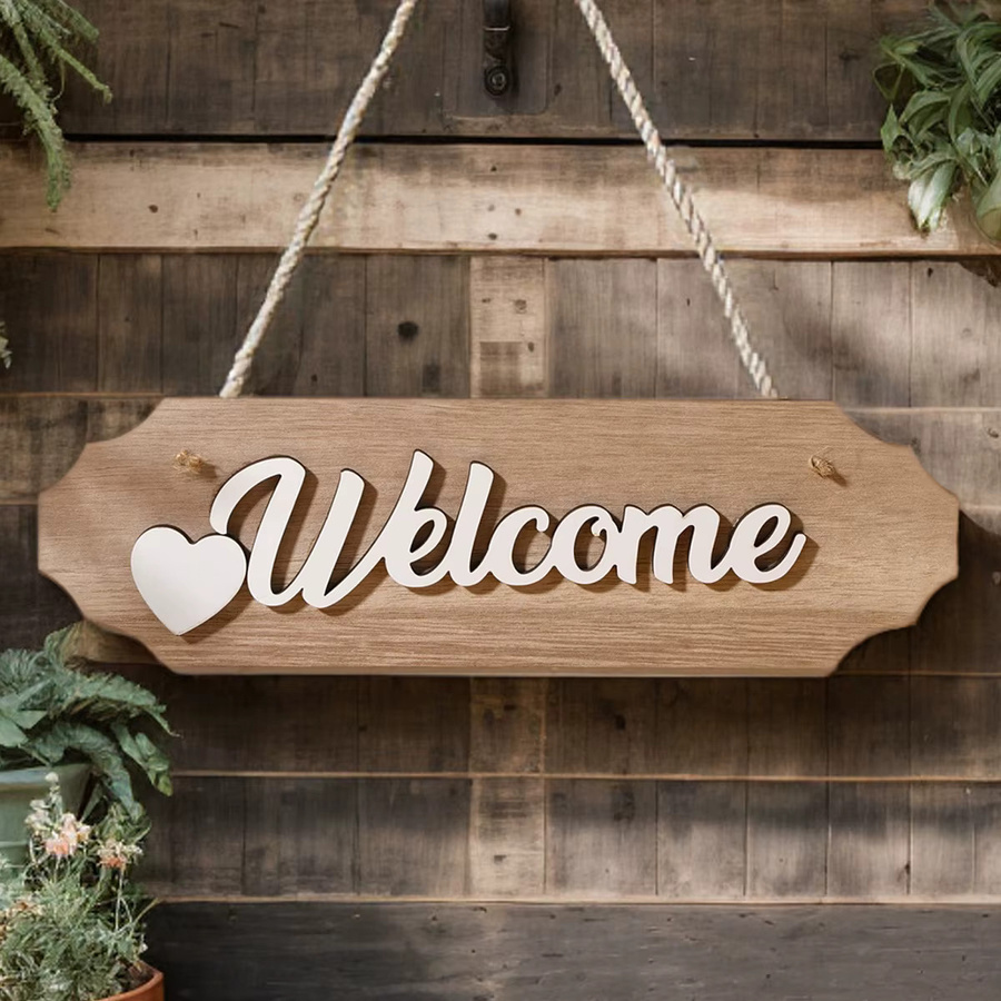 Rustikales Willkommensschild aus Holz in Braun mit Welcome-Schriftzug als Wanddekoration für den Innenbereich - Bild 4