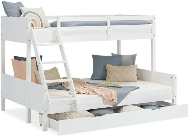 Homestyle4u Etagenbett aus Kiefernholz in Weiß mit Lattenrost und Bettkasten, B/T/H: 146,5 x 200 x 207 cm - Bild 1