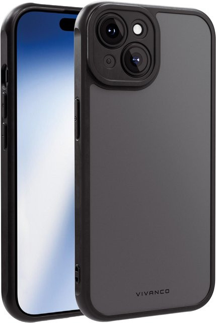 Vivanco Frosted Cover Handyhülle für iPhone 15 mit integriertem Kameraschutzrahmen, schwarz/transparent - Bild 1