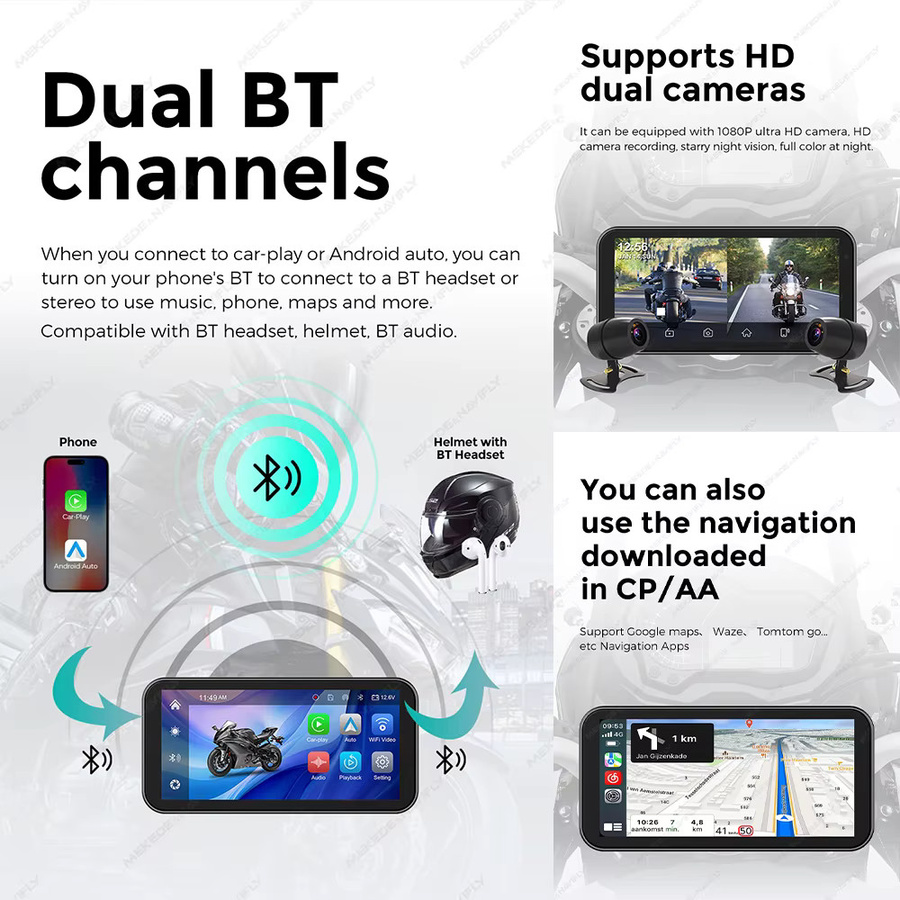 Tomostrong Tragbares Motorrad-Navigationssystem mit 6,25 Zoll Display, IP67 Wasserdicht, GPS, Wireless CarPlay und Android Auto, Schwarz - Bild 3