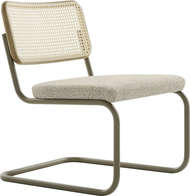Thonet S 32 Spvl Freischwinger Lounge mit Sitzkissen in Beige und Eiche mit mattem Stahlrohr - Bild 1
