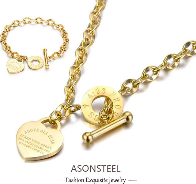 ASONSTEEL Schmuck-Set Herz Halskette, Armband, Edelstahl, Gold, Damen - Bild 1