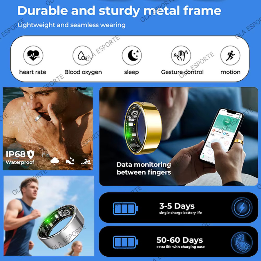Ola Esporte Smart Ring Gold mit GPS, Herzfrequenz-, Blutsauerstoff- und Schlafmonitor, 5ATM Wasserdicht, Unisex - Bild 2