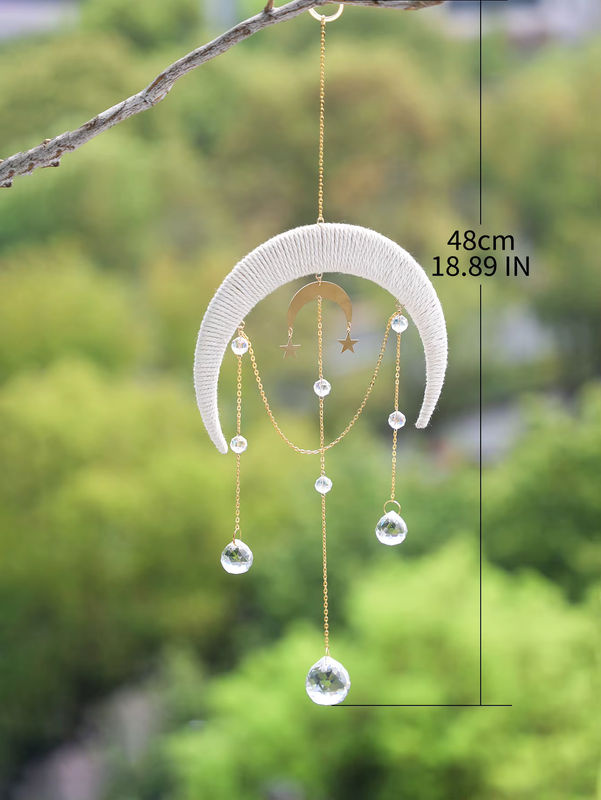 Hängender Mond-Kristall-Sonnenfänger aus weißem Makramee und Glas, handgewebter Traumfänger im Bohemian-Stil als Fenster-Windspiel und Prisma für Regenbogeneffekte - Bild 2