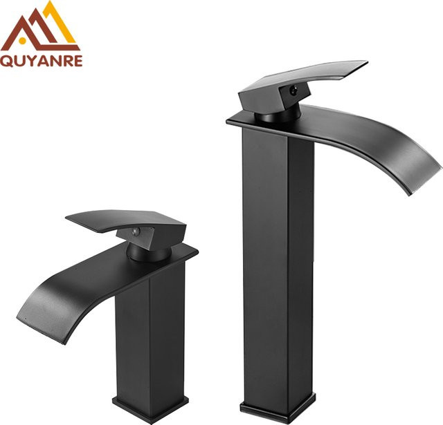 Quyanre Wasserfall-Waschtischhahn in Mattschwarz, Einhandmischer für Warm- und Kaltwasser aus Messing, Waschtischarmatur für das Badezimmer, Höhe: 19,0 cm, Breite: 18,0 cm, Tiefe: 13,0 cm - Bild 1