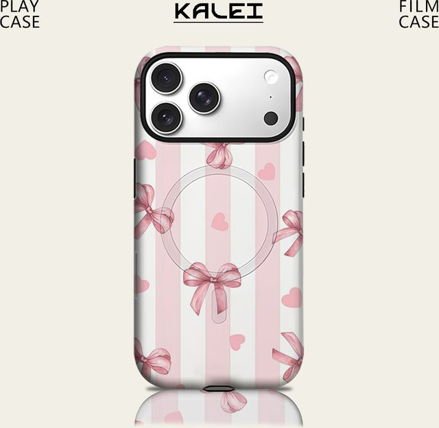 Robuste Handyhülle mit Blush & White Stripe Bow Design für Apple iPhone 17 16 15 14 13 Pro Max Plus, magnetisch und doppelschichtig in Pink und Weiß - Bild 1