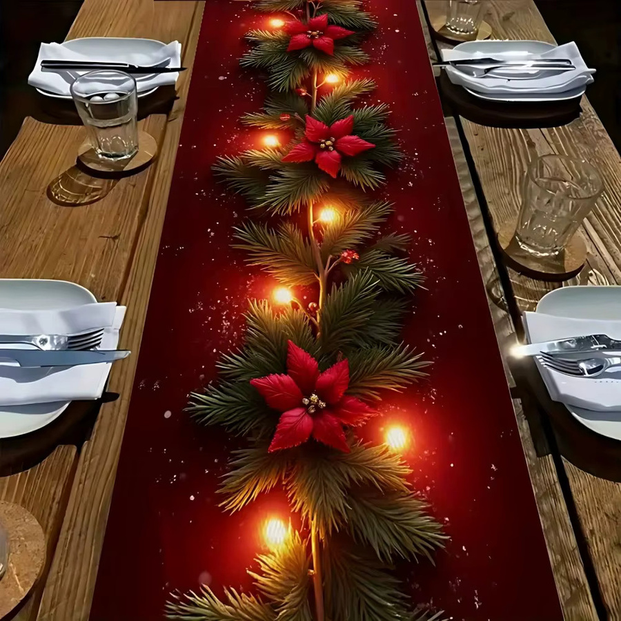VIKAMA Weihnachts-Tischläufer aus Leinen mit rotem Blumenmuster, Farbe: Rot, B/T: 90 x 33 cm - Bild 4