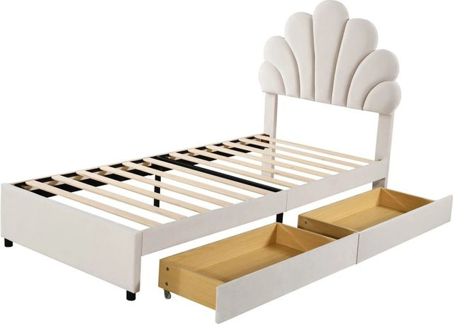 okwish Polsterbett für Kinder aus Samt in Beige mit 2 Ablagefächern, B/T/H: 90 x 200 x 116 cm - Bild 1