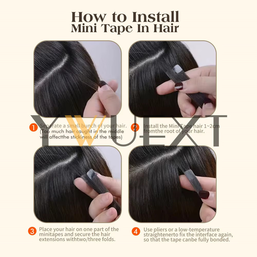 YWUEXT Mini-Tape-In-Haarverlängerungen aus Echthaar, Braun, 10 Stück - Bild 4