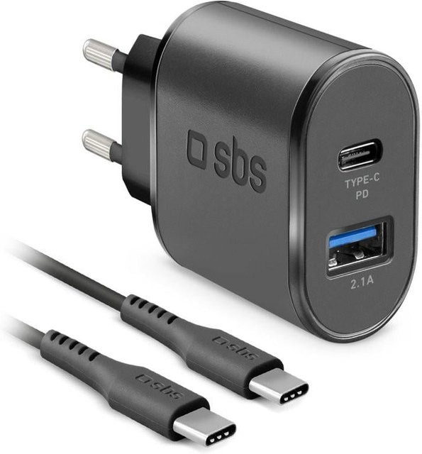 SBS Wall Charger Kit 18W Schnellladegerät mit USB-C auf USB-C und USB-A Kabel, Schwarz - Bild 1