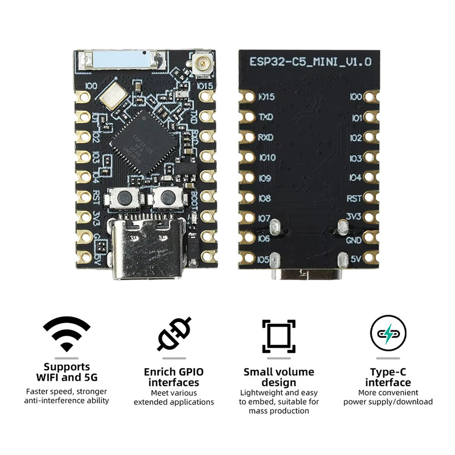 ESP32-C5-N4 Drahtlose IoT-Platine mit RISC-V 240MHz, Dual-Band WiFi6 und Bluetooth 5.0, Typ-C Anschluss, Schwarz, mit externer Antenne für deine Smart-Home-Projekte - Bild 3
