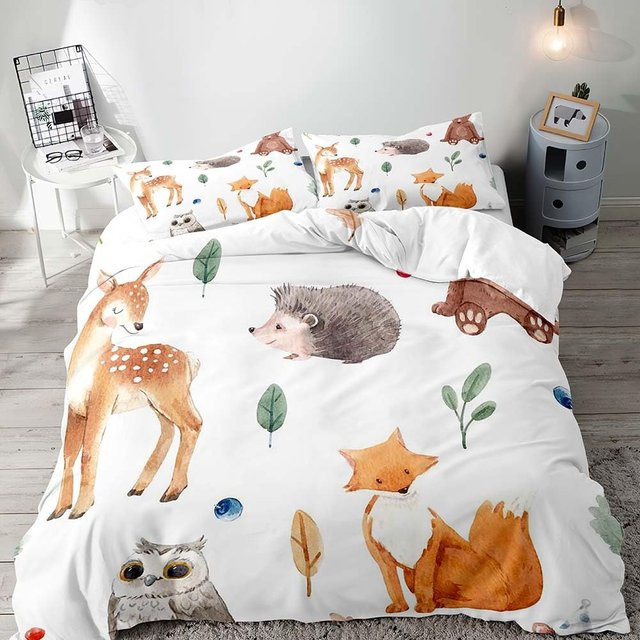 Waldtier Bettwäsche-Set für Kinder mit 1 Bettbezug und 2 Kissenbezügen, Cartoon Waldtiere Design, Weiß, B/T: 140 x 200 cm - Bild 1