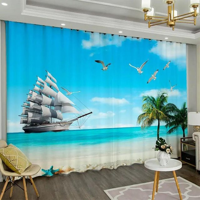 2er-Set Yiran Furniture Vorhänge mit Strandlandschaft-Print, Blau, UV-beständig und semi-transparent, Höhe: 200 cm, Breite: 170 cm - Bild 1